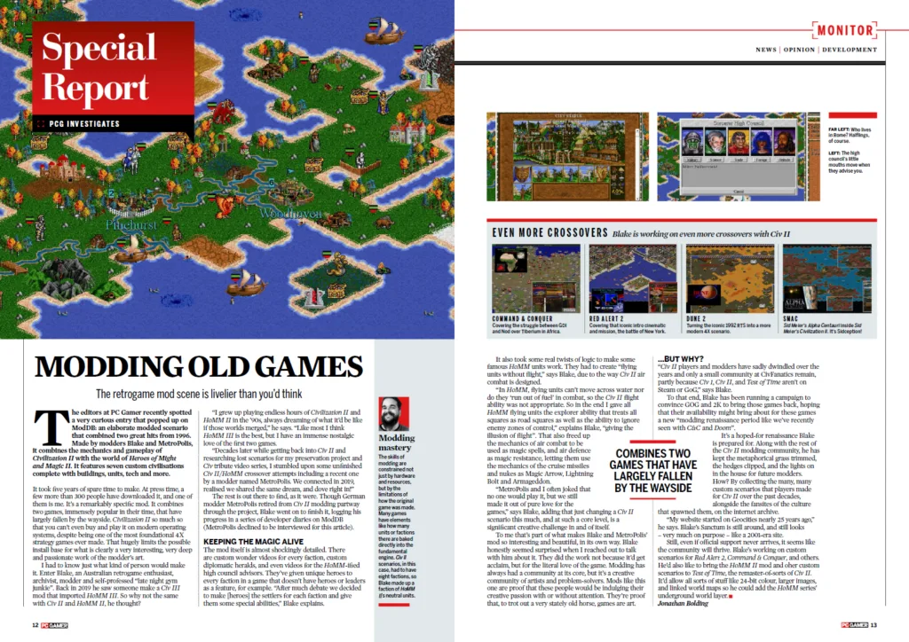 PC Gamer Issue 419 spread featuring Civilization II modder Blake and Metro’s Heroes of Might and Magic II project