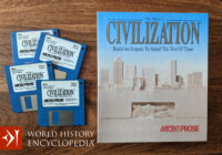 The original Civilization game diskettes and box with the World History Encyclopedia logo