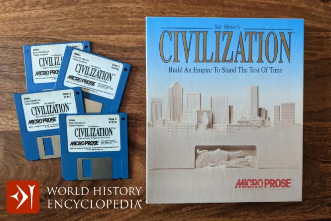 The original Civilization game diskettes and box with the World History Encyclopedia logo
